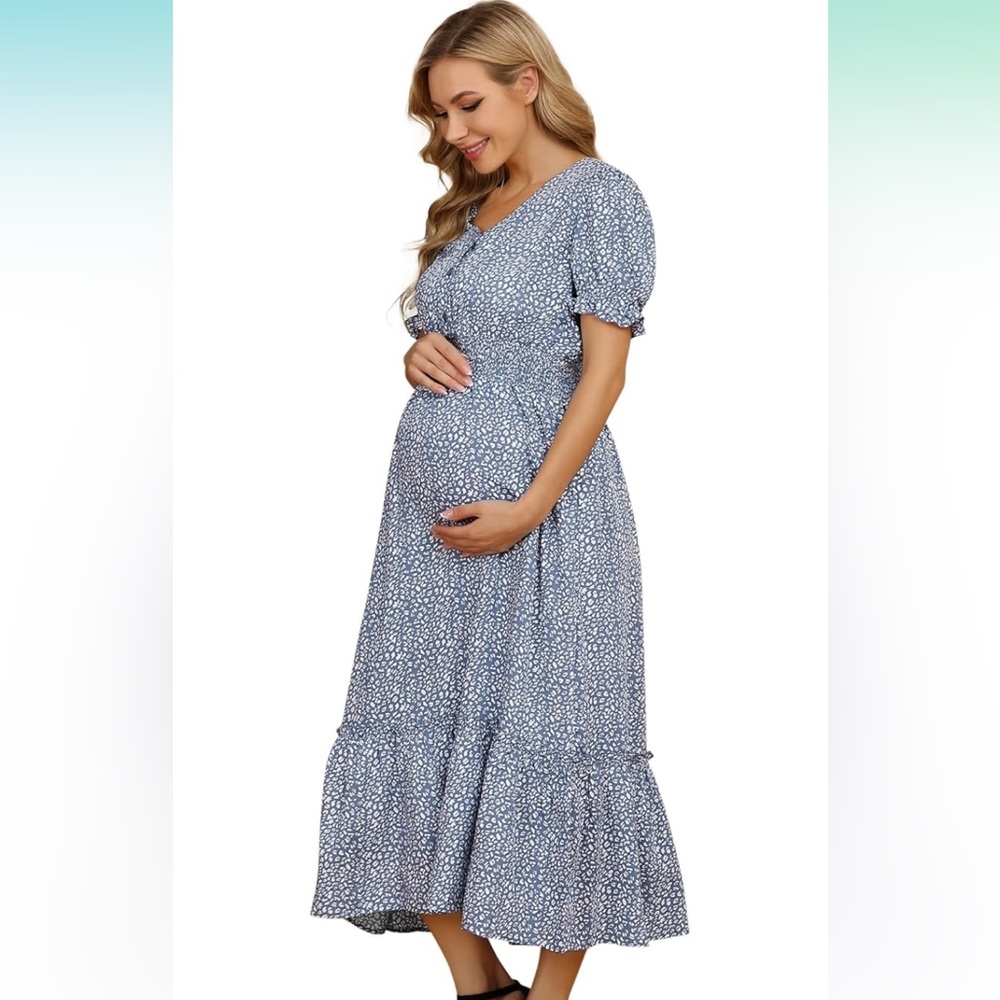 Blue Floral Maternity Nursing Dress